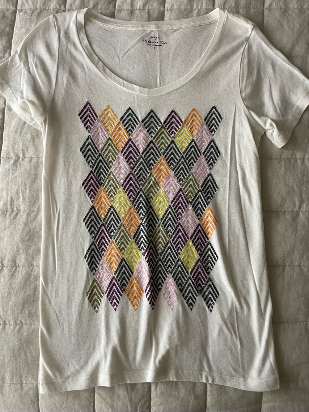 J Crew White Short-Sleeve Collector Tee with Colorful Geometric Embroidery Sz S